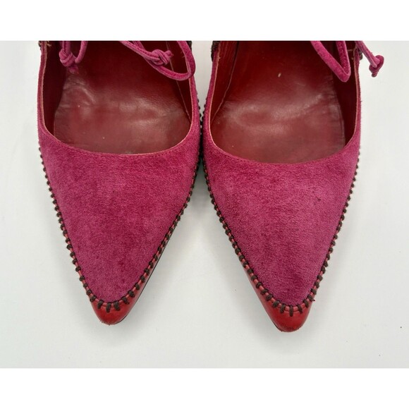 Manolo Blahnik Pink & Red Pointed Toe Heels Suede w/ Tie Accent Vintage Sz EU 37 - Picture 6 of 13